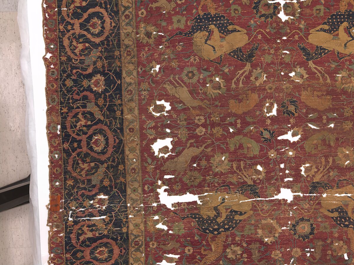 Carpet, Silk (warp and weft), wool (pile); asymmetrically knotted pile