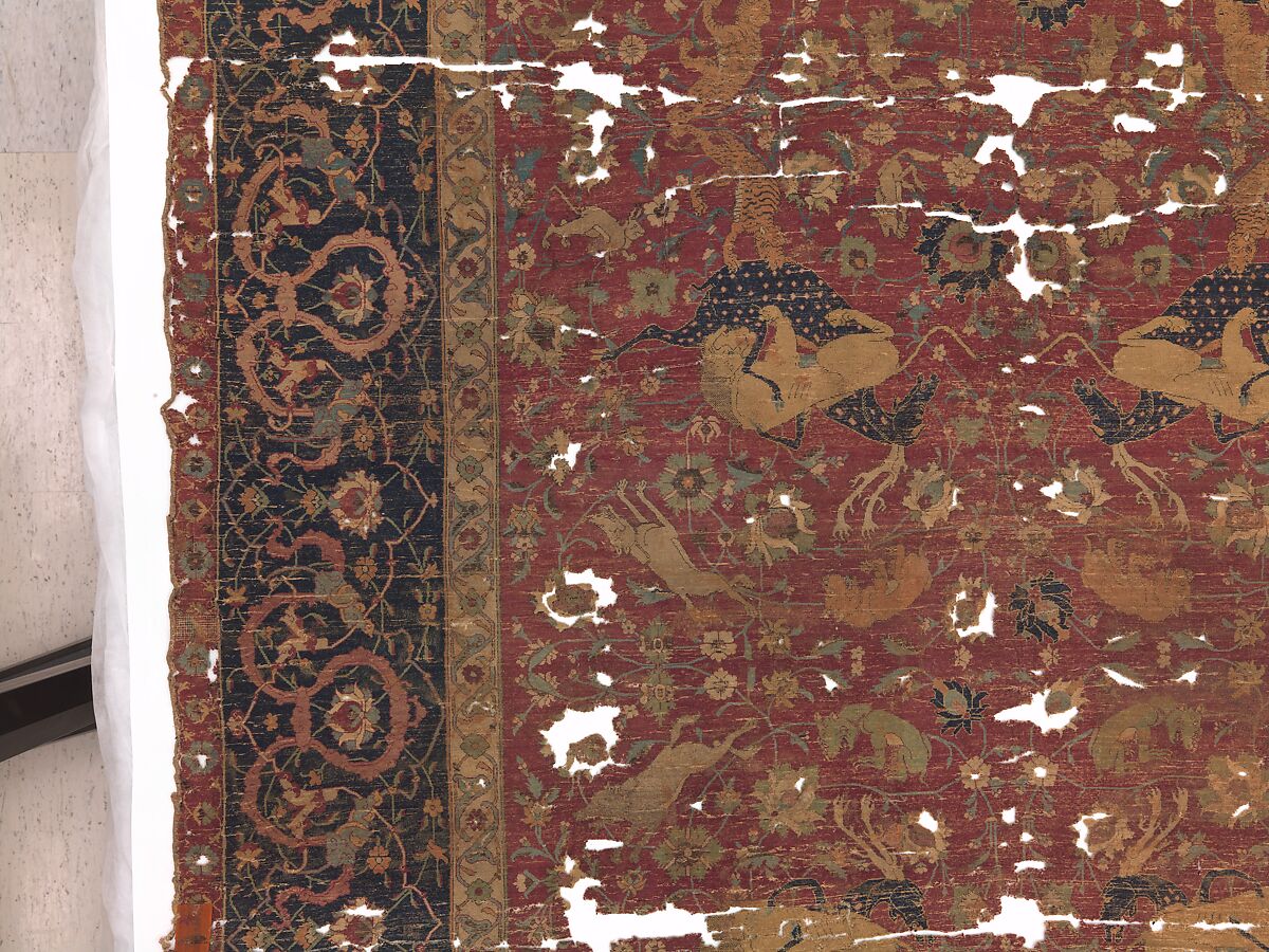 Carpet, Silk (warp and weft), wool (pile); asymmetrically knotted pile