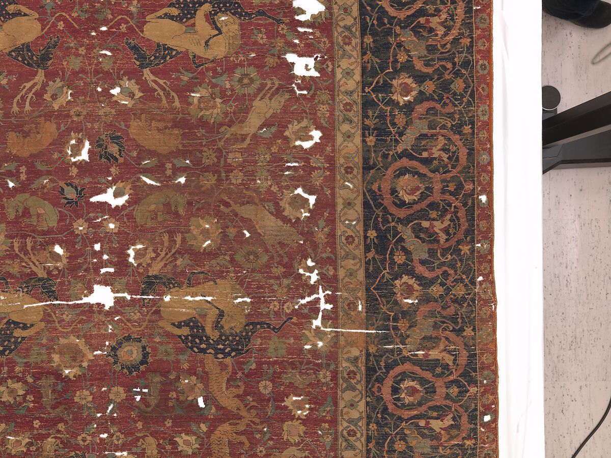 Carpet, Silk (warp and weft), wool (pile); asymmetrically knotted pile