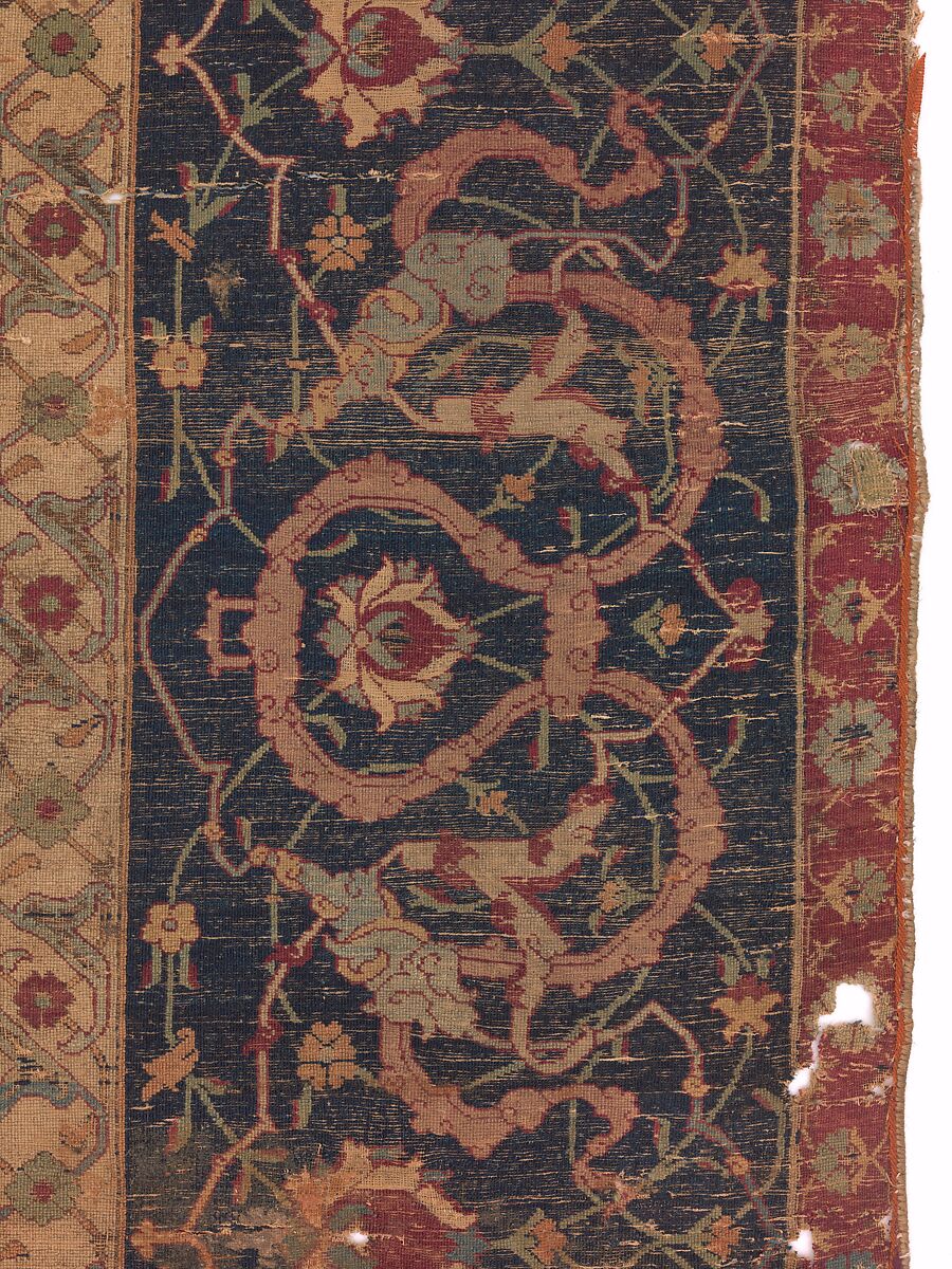 Carpet, Silk (warp and weft), wool (pile); asymmetrically knotted pile
