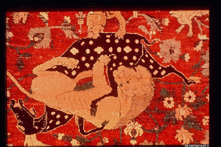 Carpet, Silk (warp and weft), wool (pile); asymmetrically knotted pile