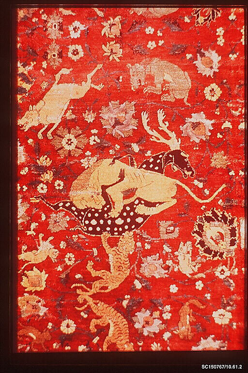 Carpet, Silk (warp and weft), wool (pile); asymmetrically knotted pile