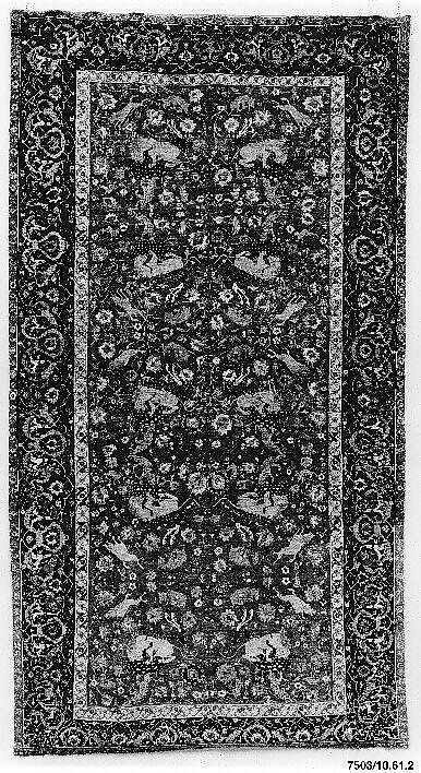 Carpet, Silk (warp and weft), wool (pile); asymmetrically knotted pile