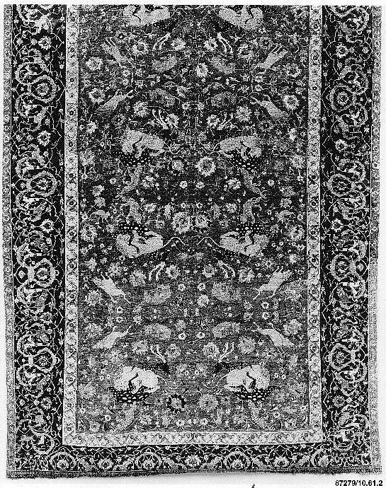 Carpet, Silk (warp and weft), wool (pile); asymmetrically knotted pile