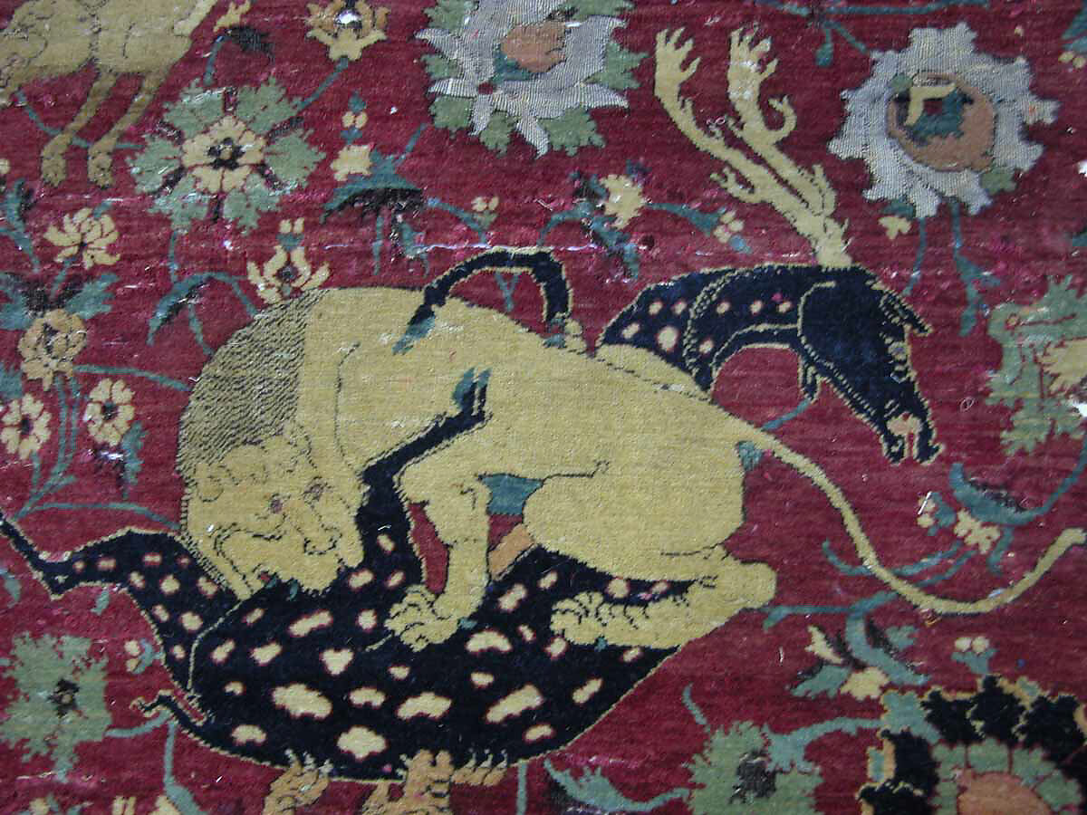 Carpet, Silk (warp and weft), wool (pile); asymmetrically knotted pile