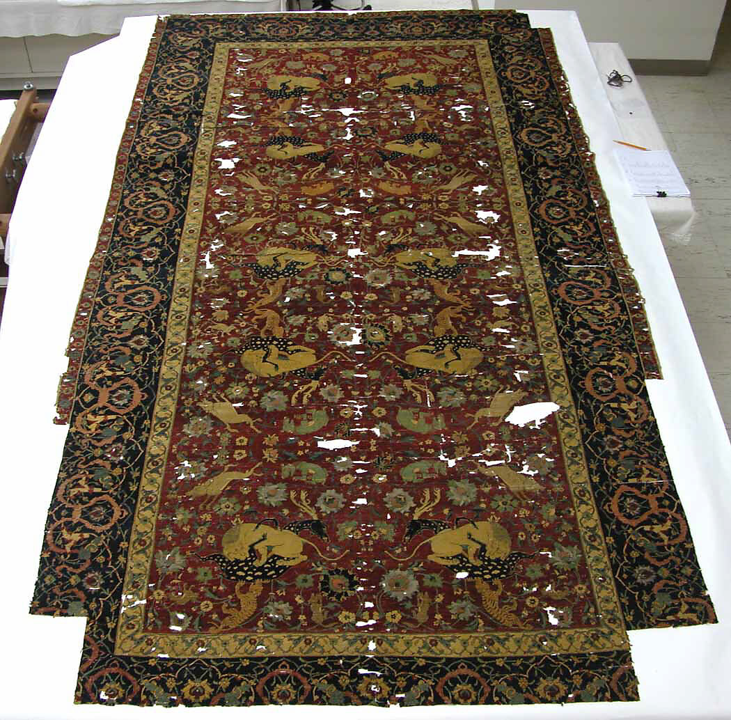 Carpet, Silk (warp and weft), wool (pile); asymmetrically knotted pile