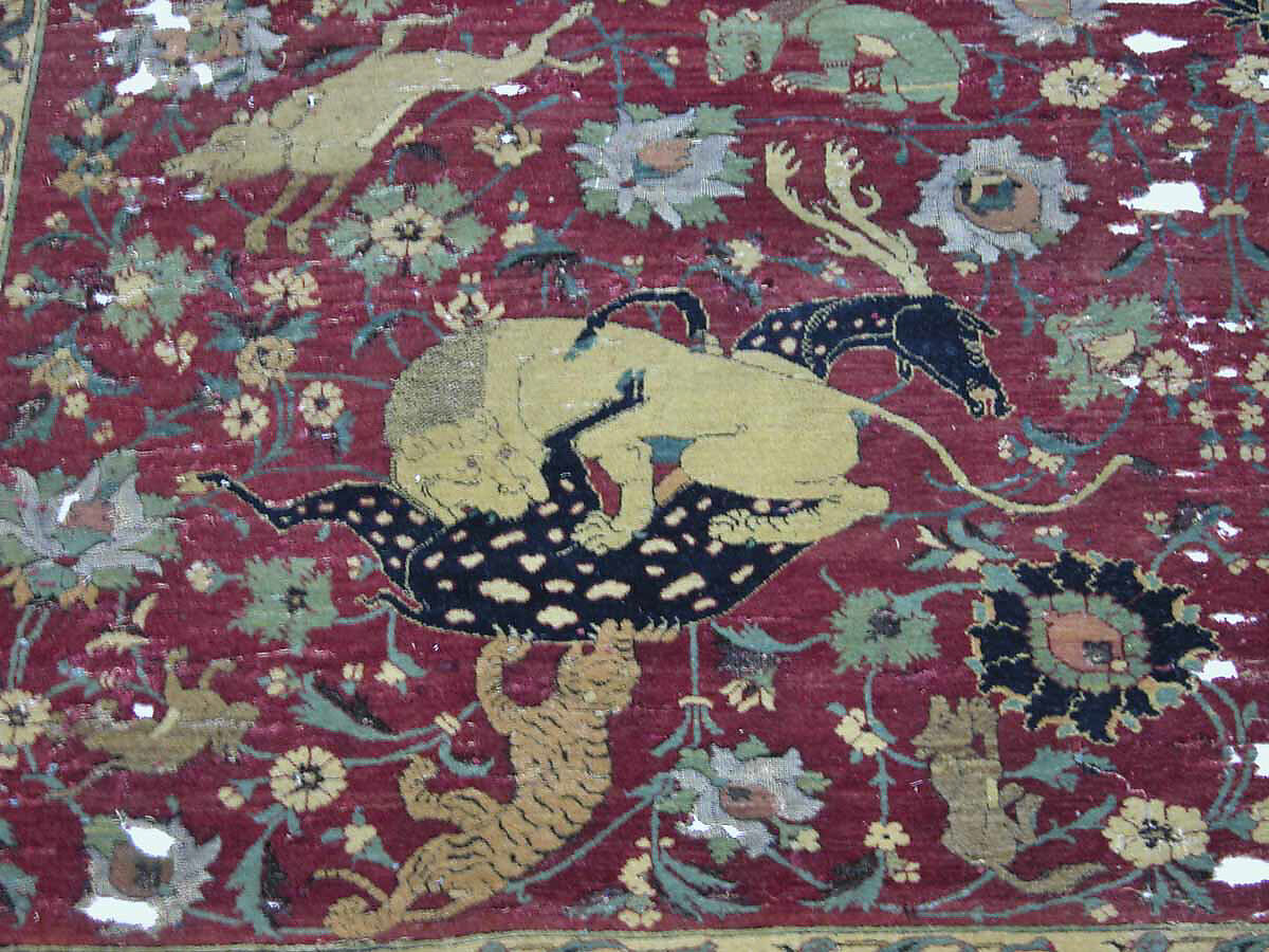 Carpet, Silk (warp and weft), wool (pile); asymmetrically knotted pile