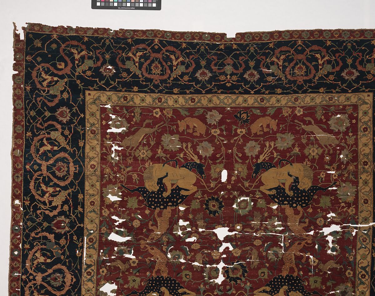 Carpet, Silk (warp and weft), wool (pile); asymmetrically knotted pile