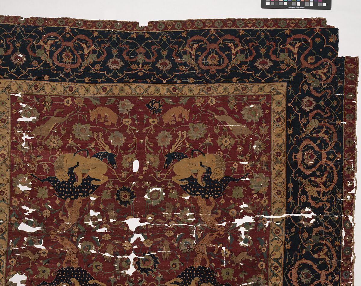 Carpet, Silk (warp and weft), wool (pile); asymmetrically knotted pile