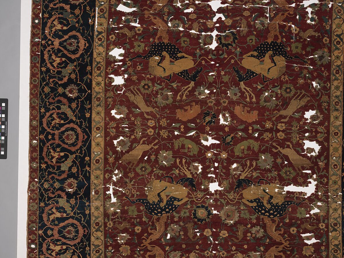 Carpet, Silk (warp and weft), wool (pile); asymmetrically knotted pile