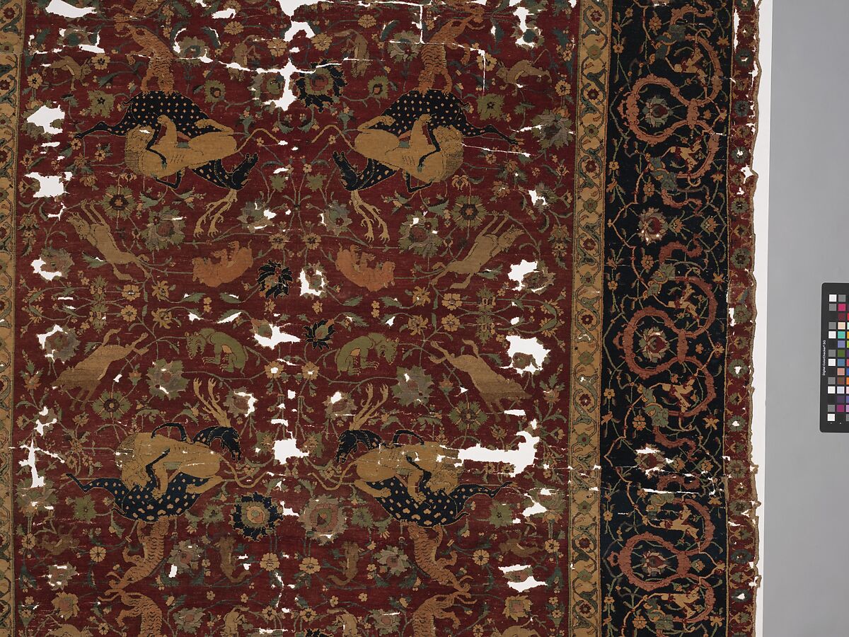 Carpet, Silk (warp and weft), wool (pile); asymmetrically knotted pile