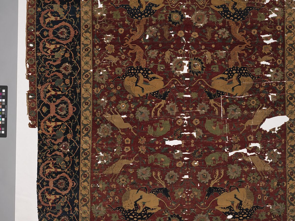 Carpet, Silk (warp and weft), wool (pile); asymmetrically knotted pile