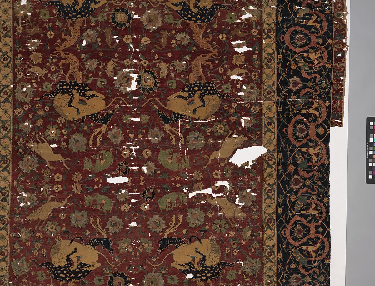 Carpet, Silk (warp and weft), wool (pile); asymmetrically knotted pile