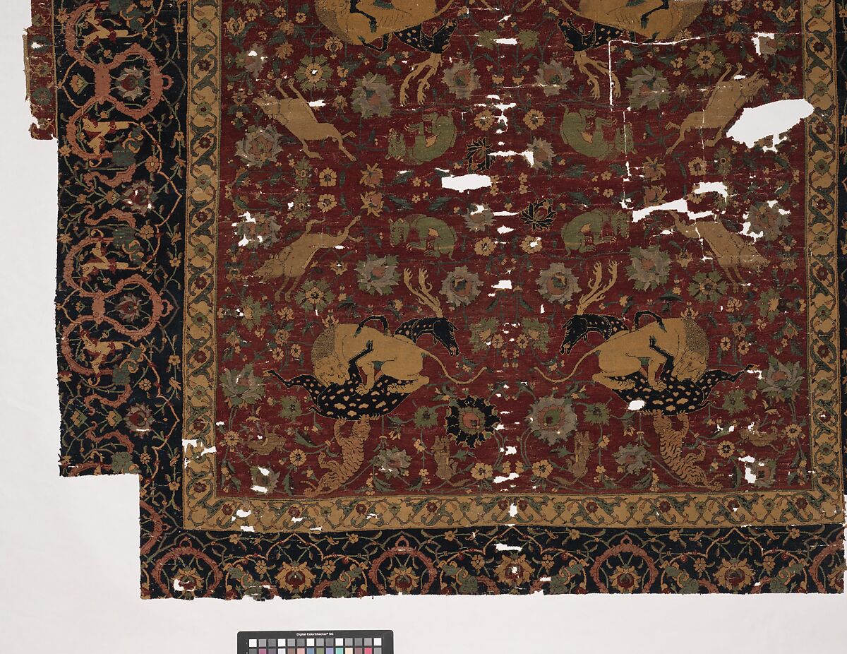 Carpet, Silk (warp and weft), wool (pile); asymmetrically knotted pile