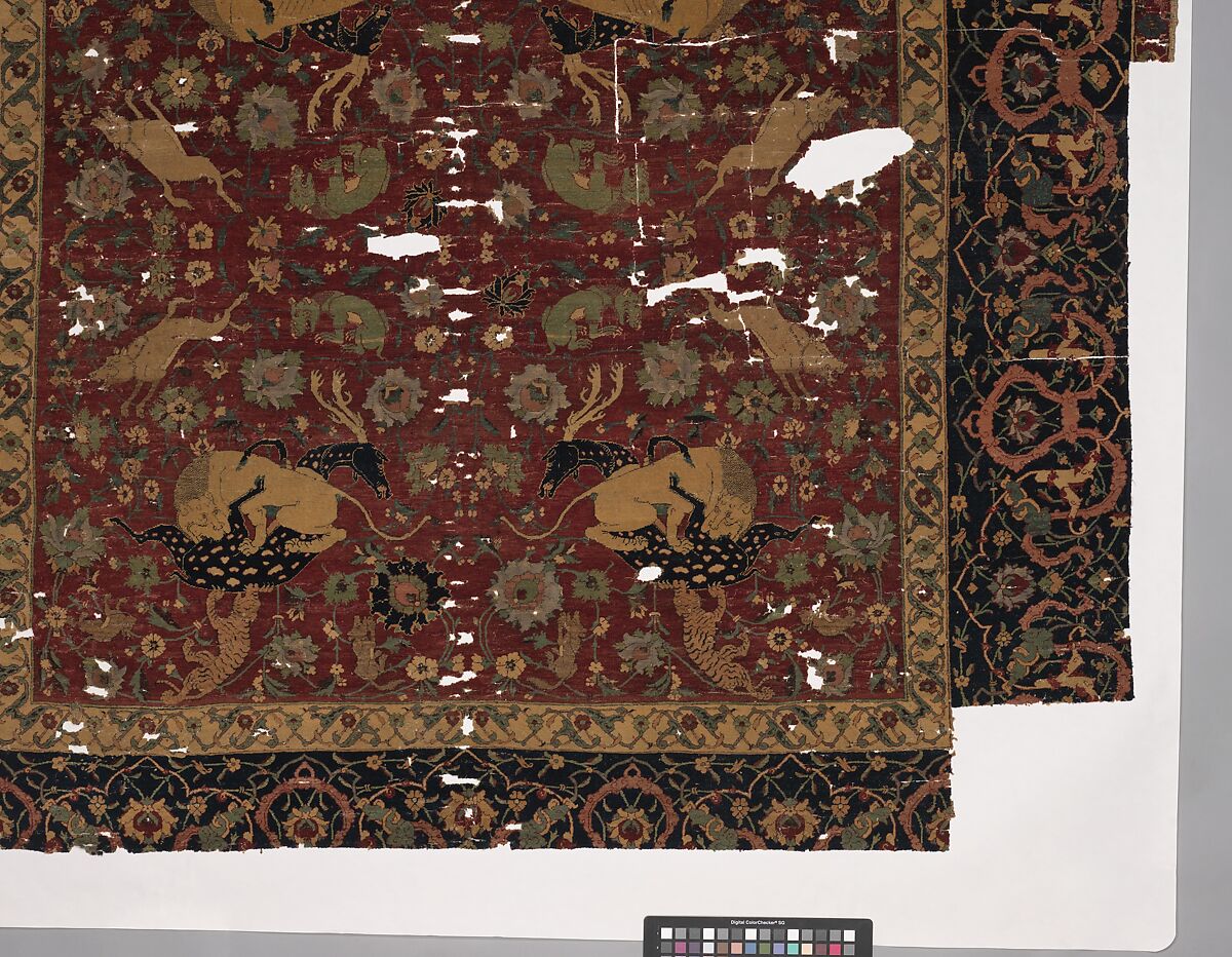 Carpet, Silk (warp and weft), wool (pile); asymmetrically knotted pile