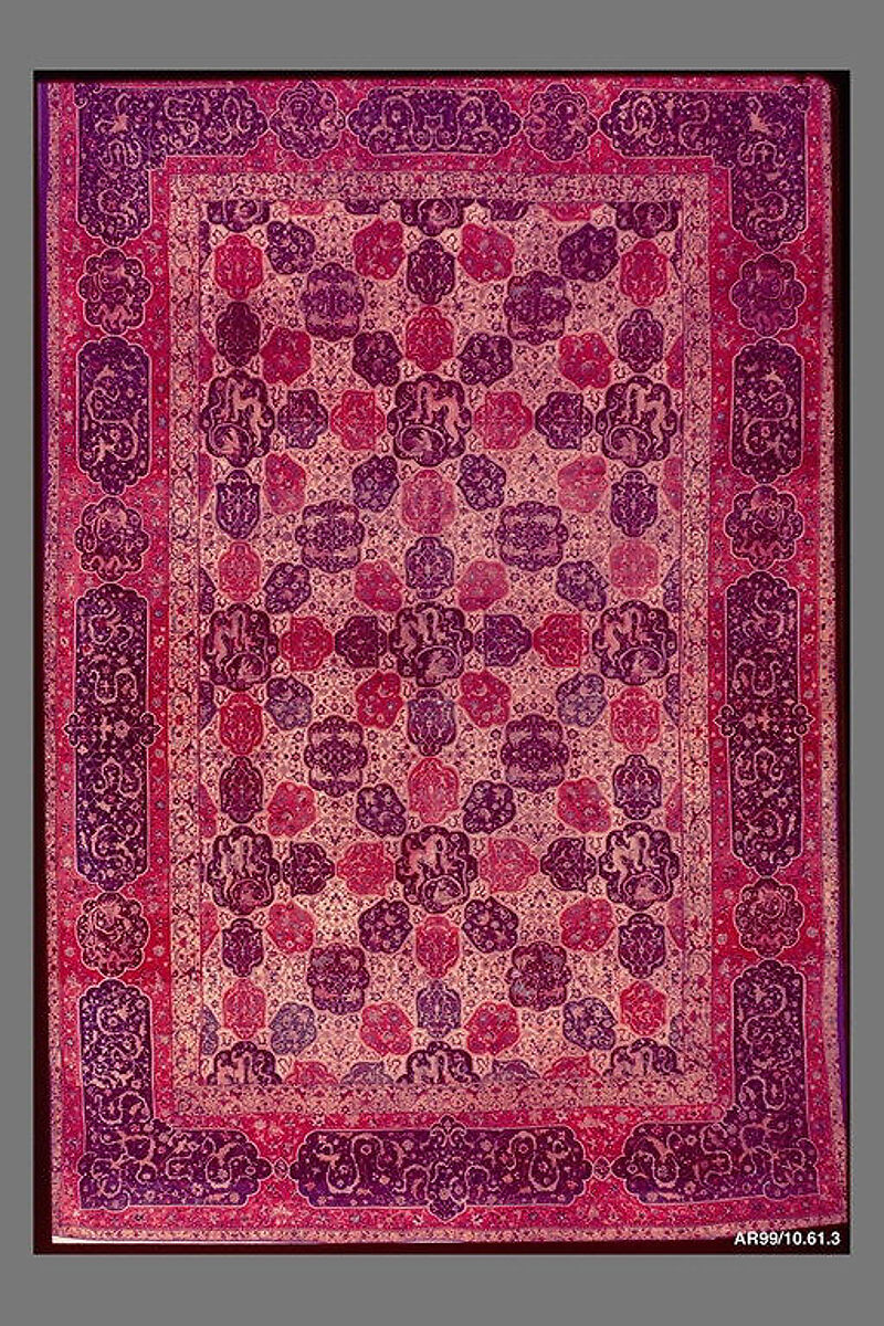 Carpet with a Compartment Design, Silk (warp and weft), wool (pile); asymmetrically knotted pile