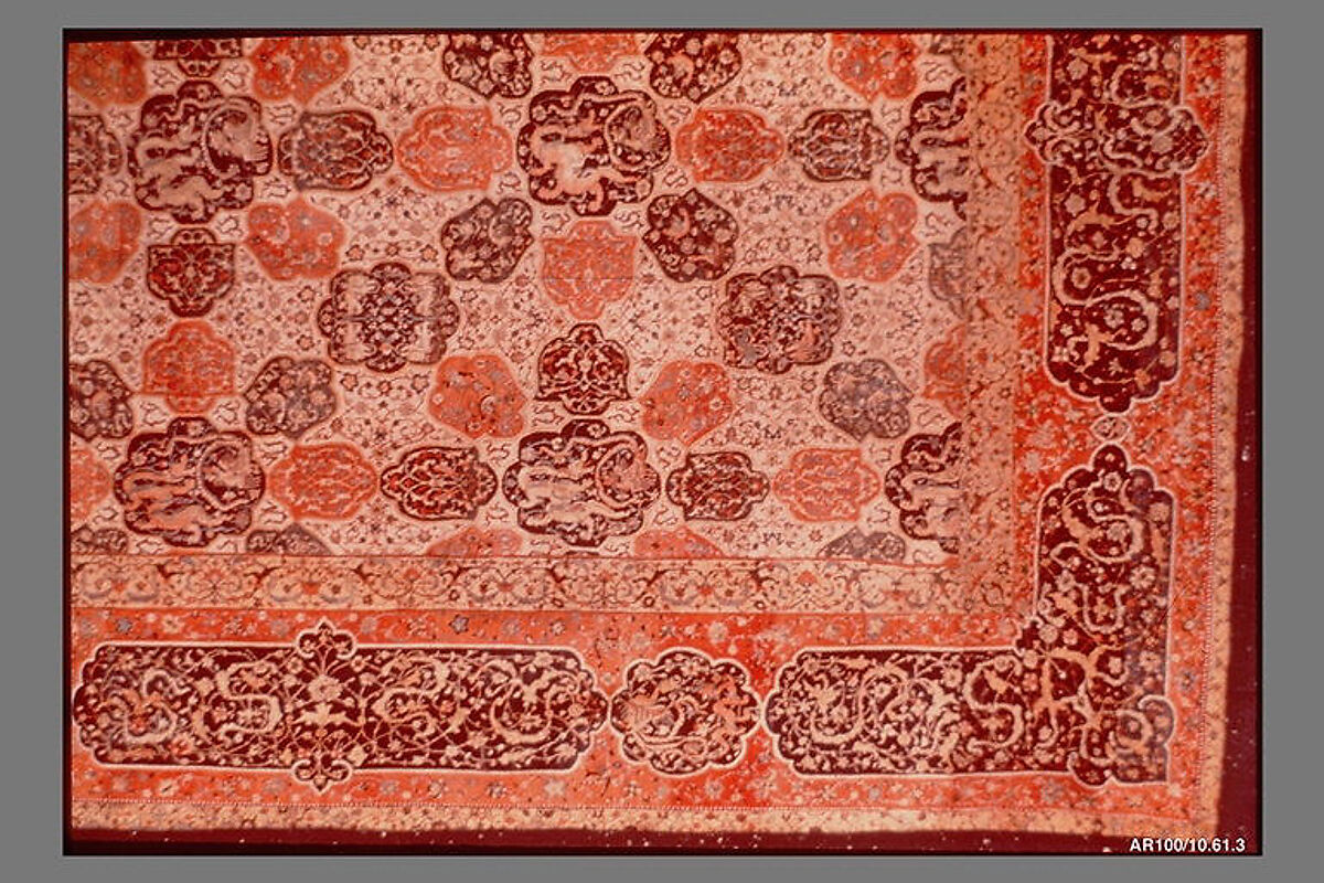 Carpet with a Compartment Design, Silk (warp and weft), wool (pile); asymmetrically knotted pile