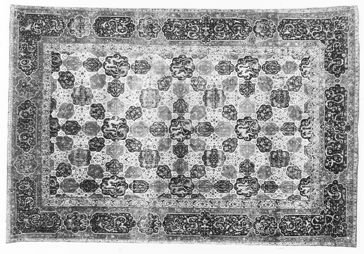 Carpet with a Compartment Design, Silk (warp and weft), wool (pile); asymmetrically knotted pile