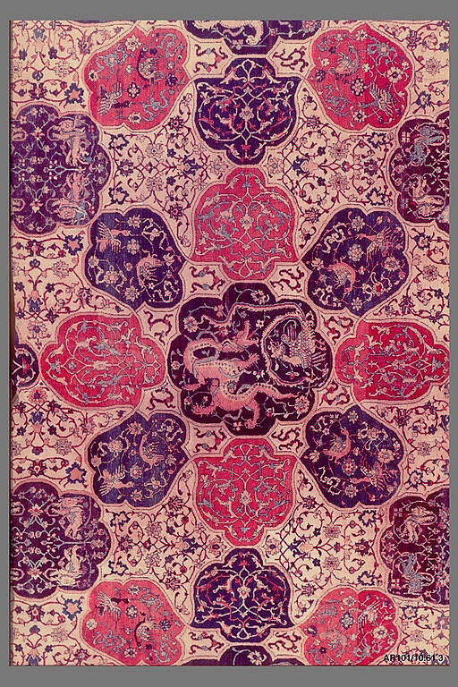 Carpet with a Compartment Design, Silk (warp and weft), wool (pile); asymmetrically knotted pile