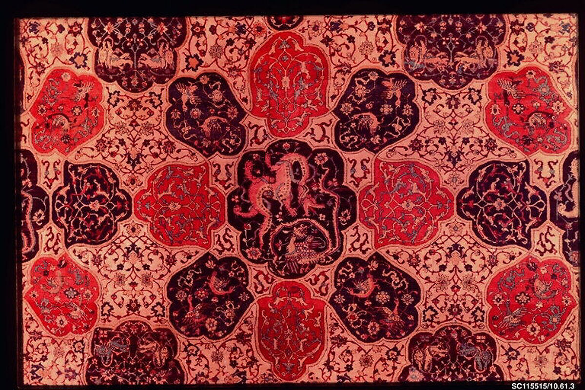 Carpet with a Compartment Design, Silk (warp and weft), wool (pile); asymmetrically knotted pile