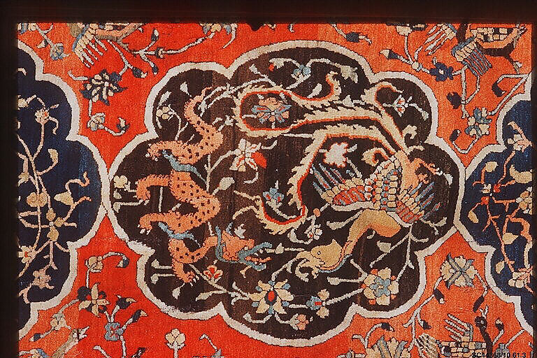 Carpet with a Compartment Design, Silk (warp and weft), wool (pile); asymmetrically knotted pile