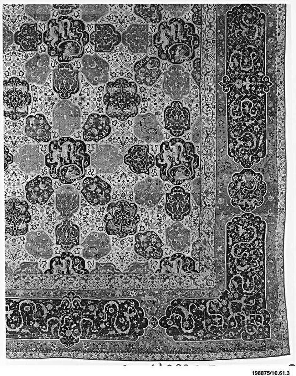 Carpet with a Compartment Design, Silk (warp and weft), wool (pile); asymmetrically knotted pile
