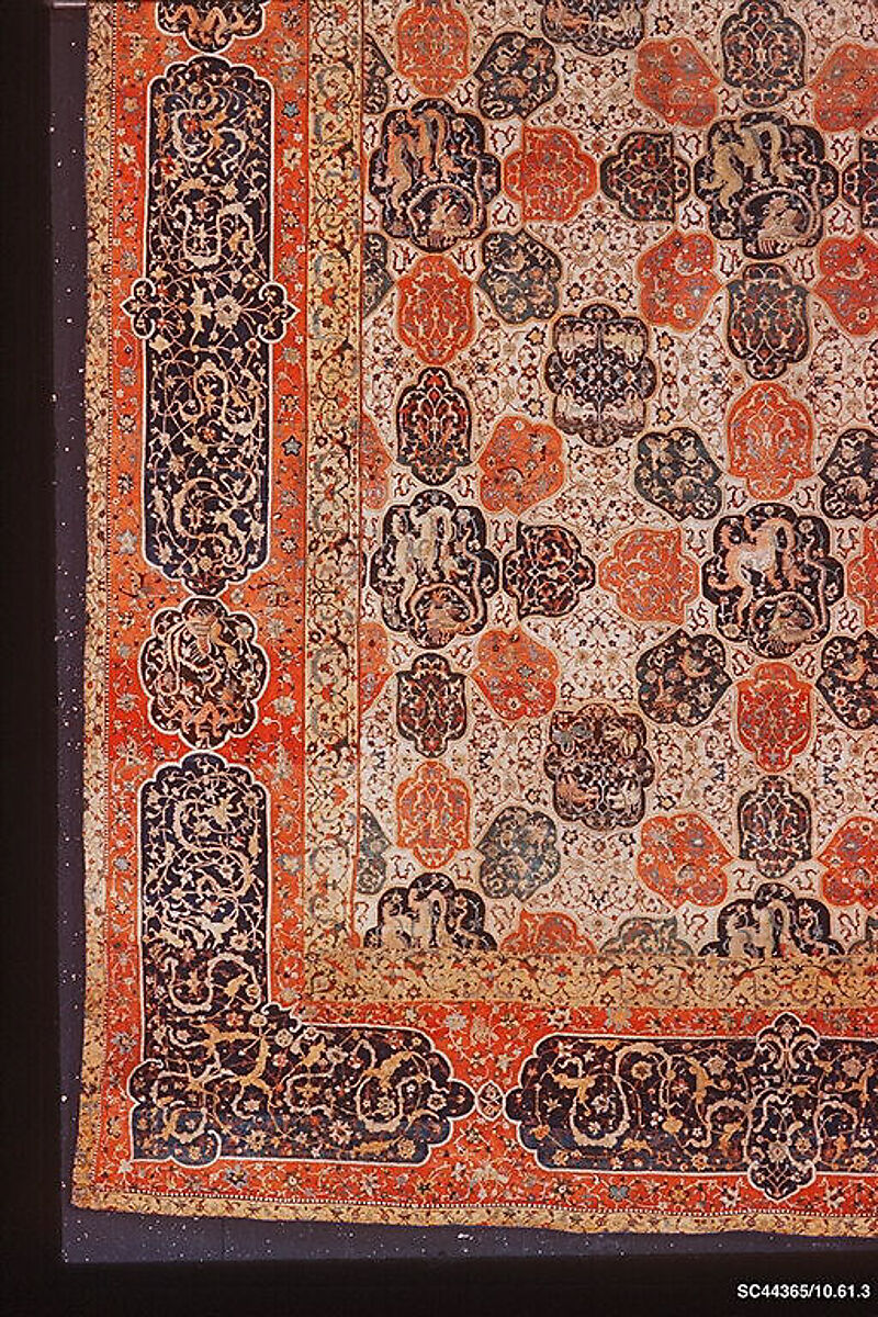 Carpet with a Compartment Design, Silk (warp and weft), wool (pile); asymmetrically knotted pile