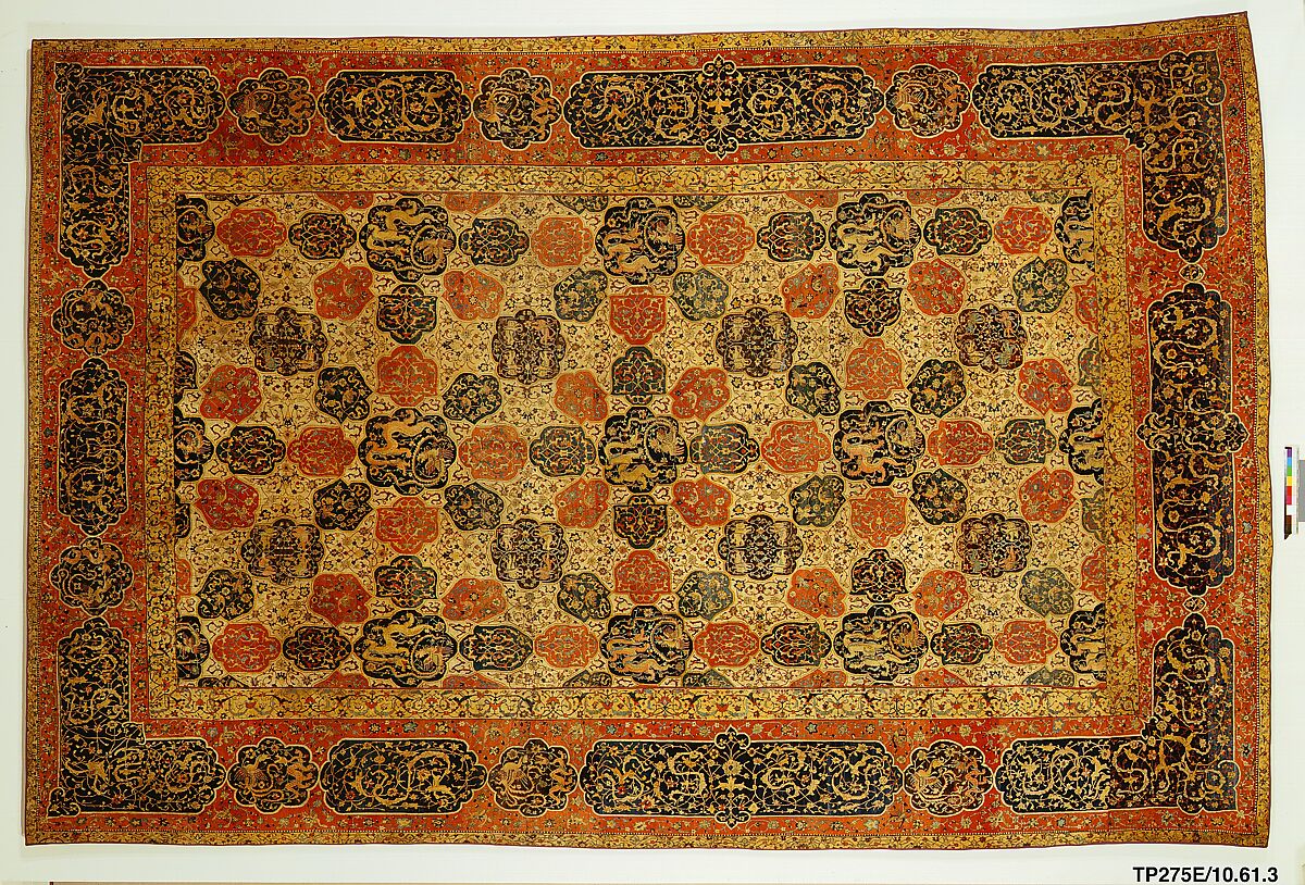 Carpet with a Compartment Design, Silk (warp and weft), wool (pile); asymmetrically knotted pile