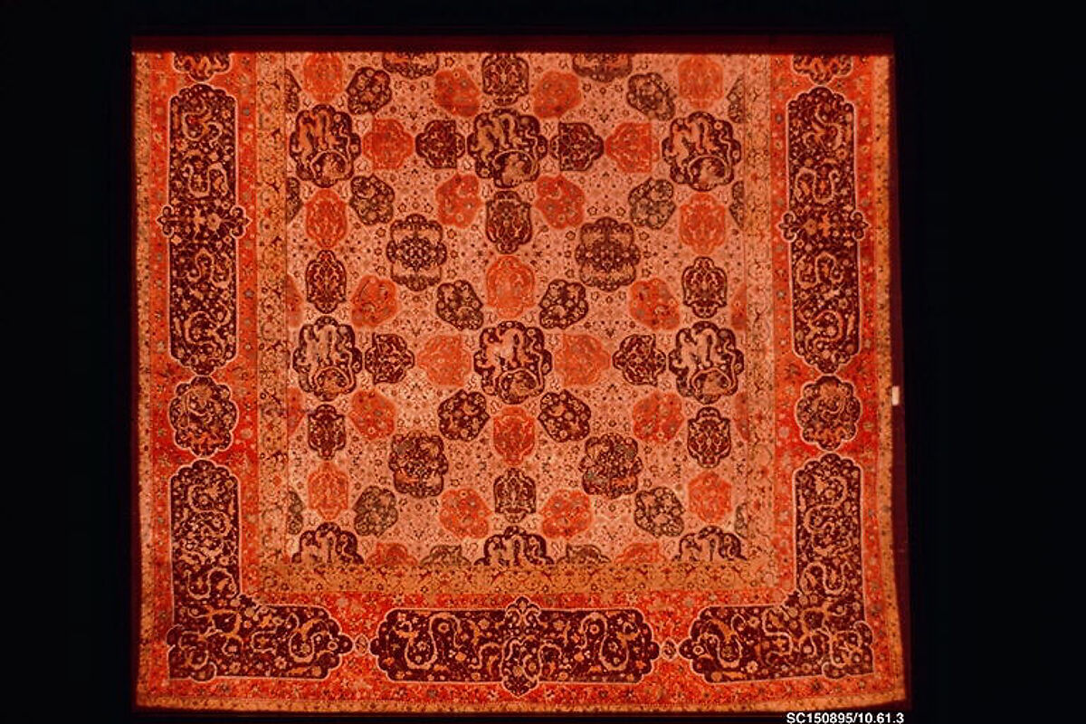 Carpet with a Compartment Design, Silk (warp and weft), wool (pile); asymmetrically knotted pile