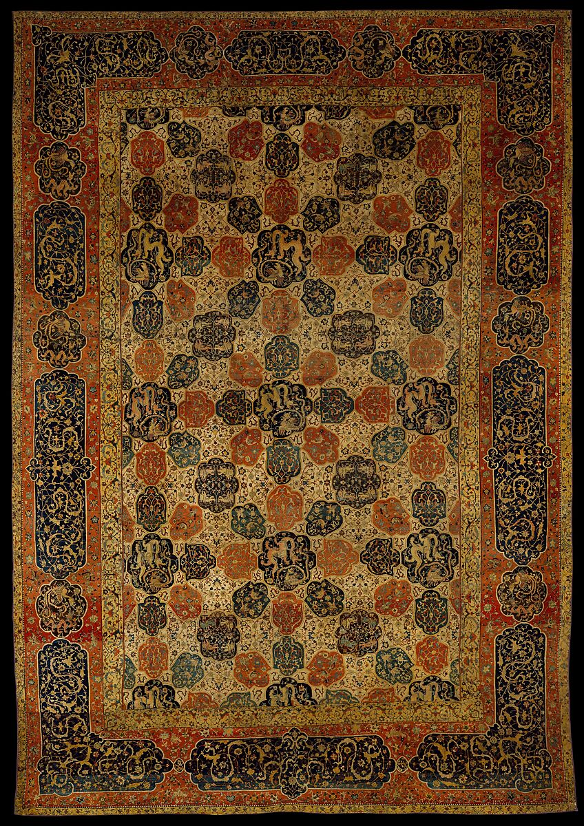 Carpet with a Compartment Design, Silk (warp and weft), wool (pile); asymmetrically knotted pile