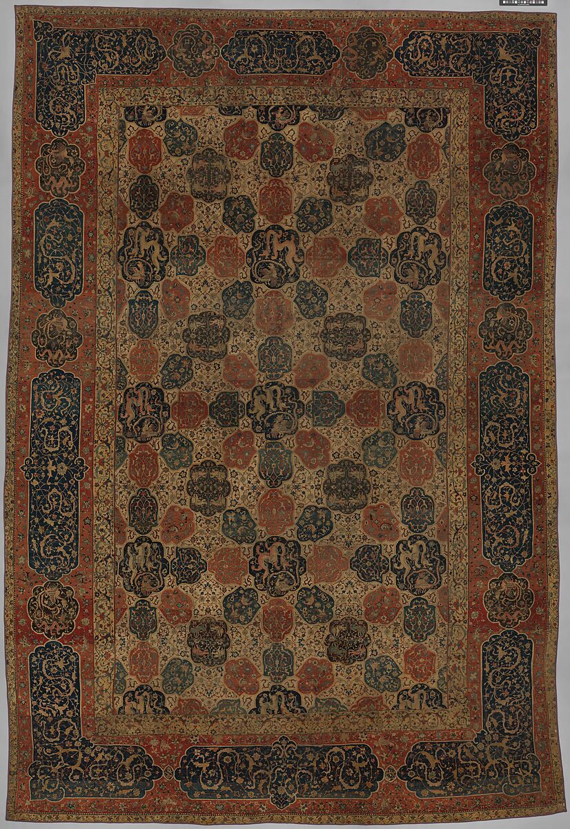 Carpet with a Compartment Design, Silk (warp and weft), wool (pile); asymmetrically knotted pile 