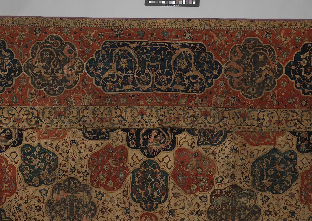 Carpet with a Compartment Design, Silk (warp and weft), wool (pile); asymmetrically knotted pile