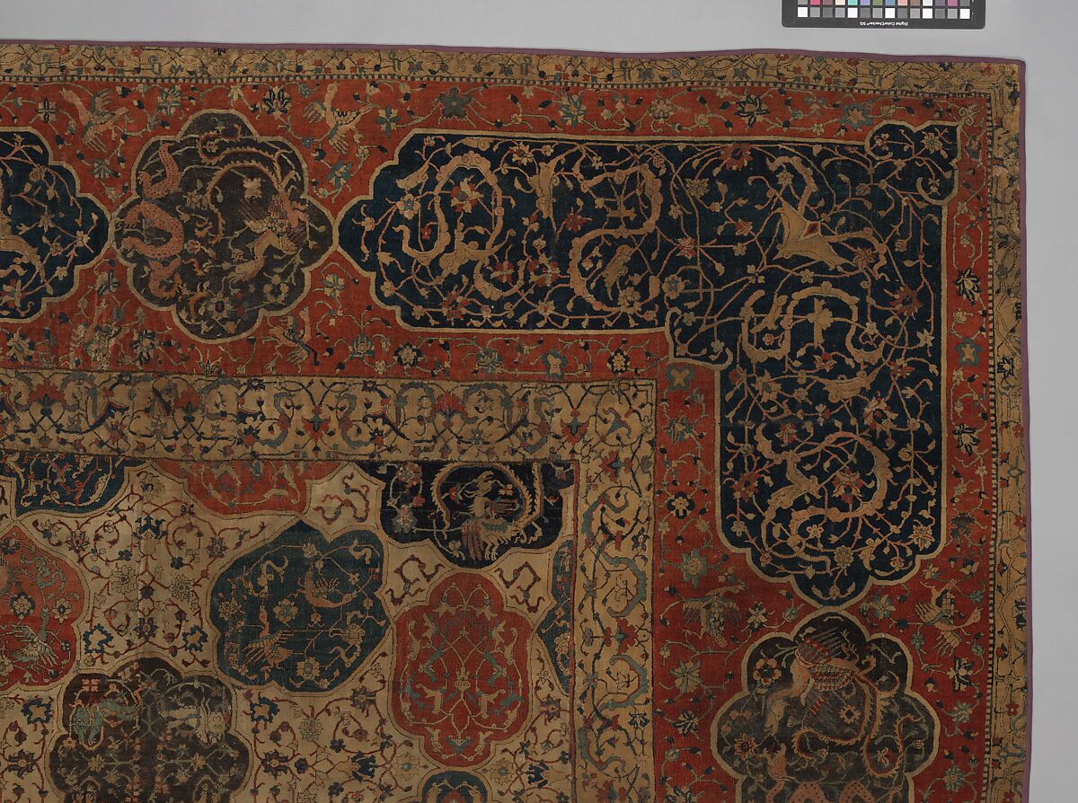 Carpet with a Compartment Design, Silk (warp and weft), wool (pile); asymmetrically knotted pile