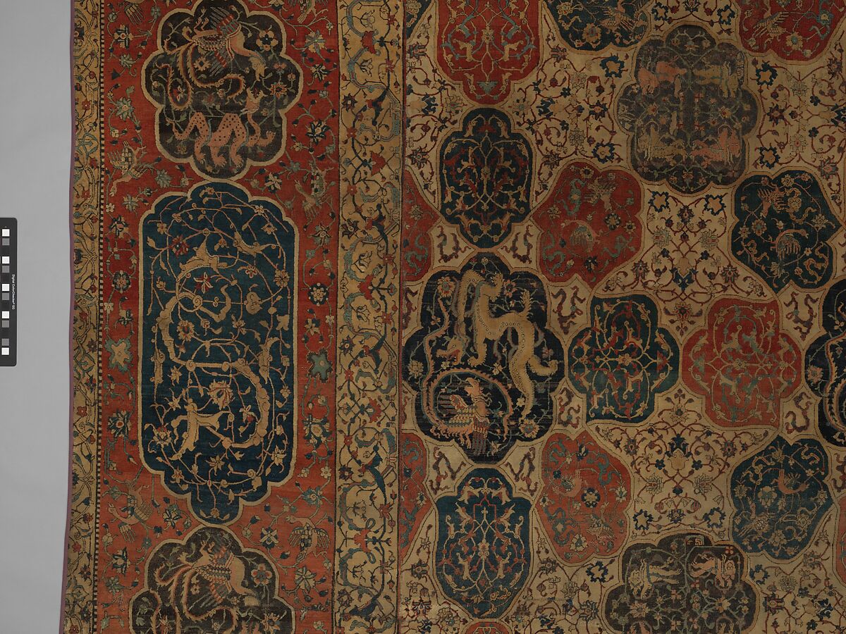 Carpet with a Compartment Design, Silk (warp and weft), wool (pile); asymmetrically knotted pile