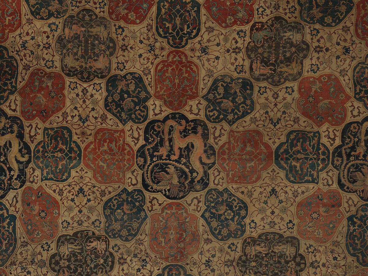 Carpet with a Compartment Design, Silk (warp and weft), wool (pile); asymmetrically knotted pile