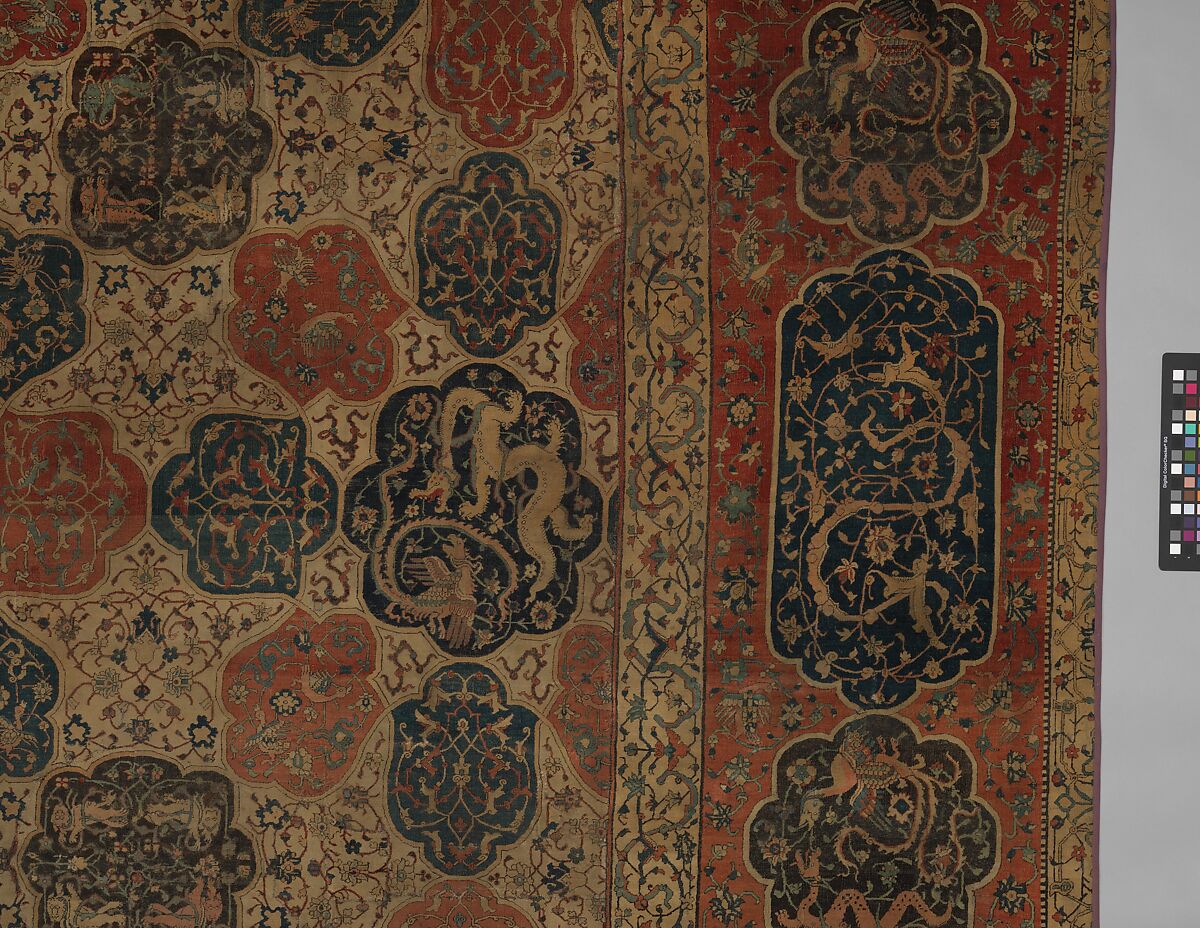 Carpet with a Compartment Design, Silk (warp and weft), wool (pile); asymmetrically knotted pile