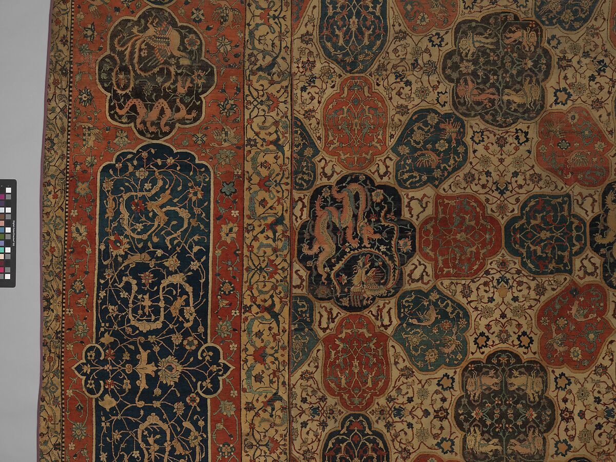 Carpet with a Compartment Design, Silk (warp and weft), wool (pile); asymmetrically knotted pile
