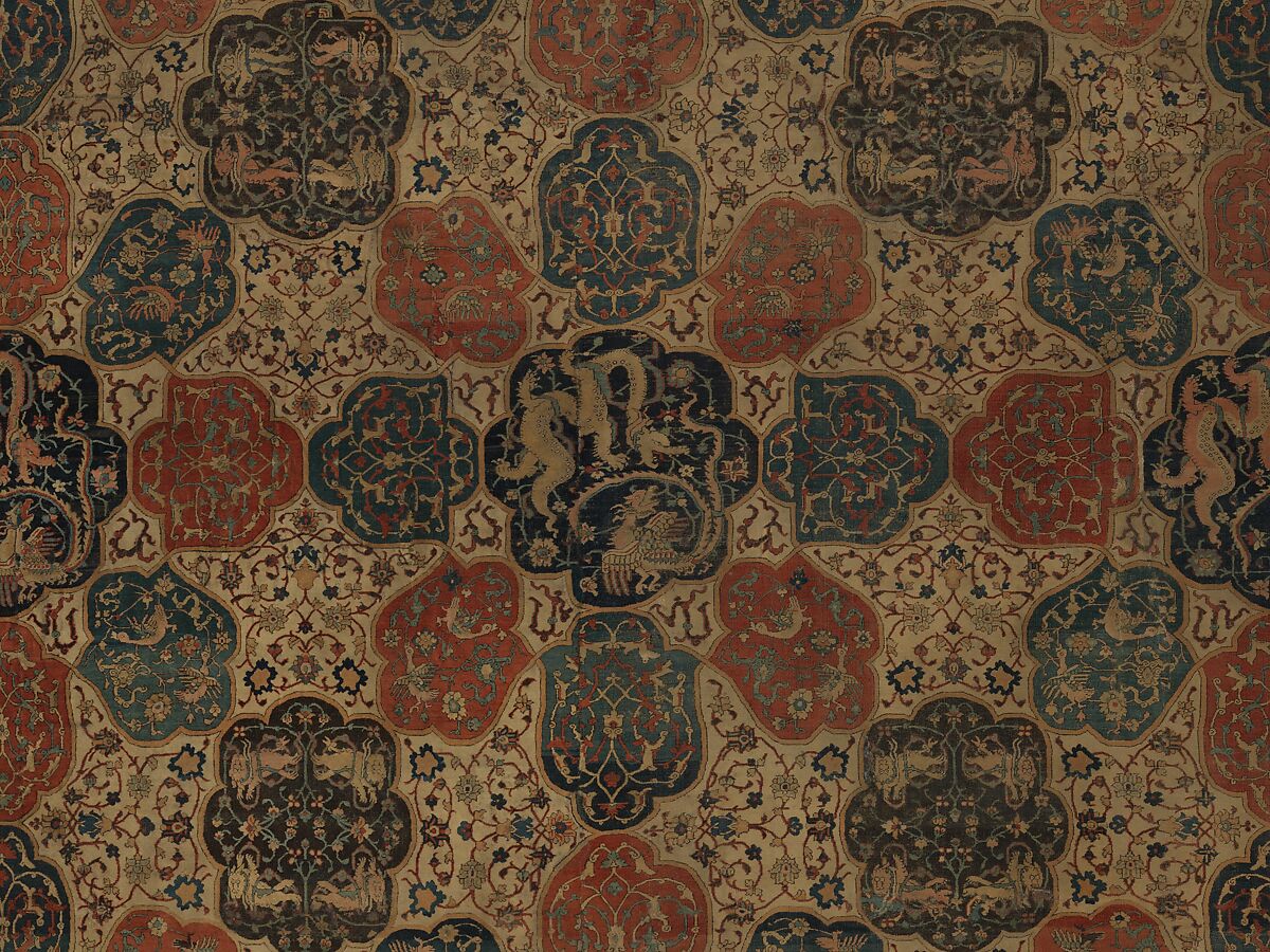 Carpet with a Compartment Design, Silk (warp and weft), wool (pile); asymmetrically knotted pile