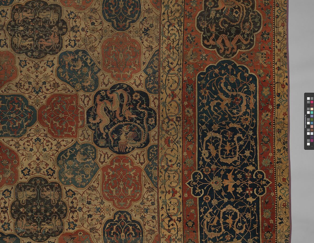 Carpet with a Compartment Design, Silk (warp and weft), wool (pile); asymmetrically knotted pile
