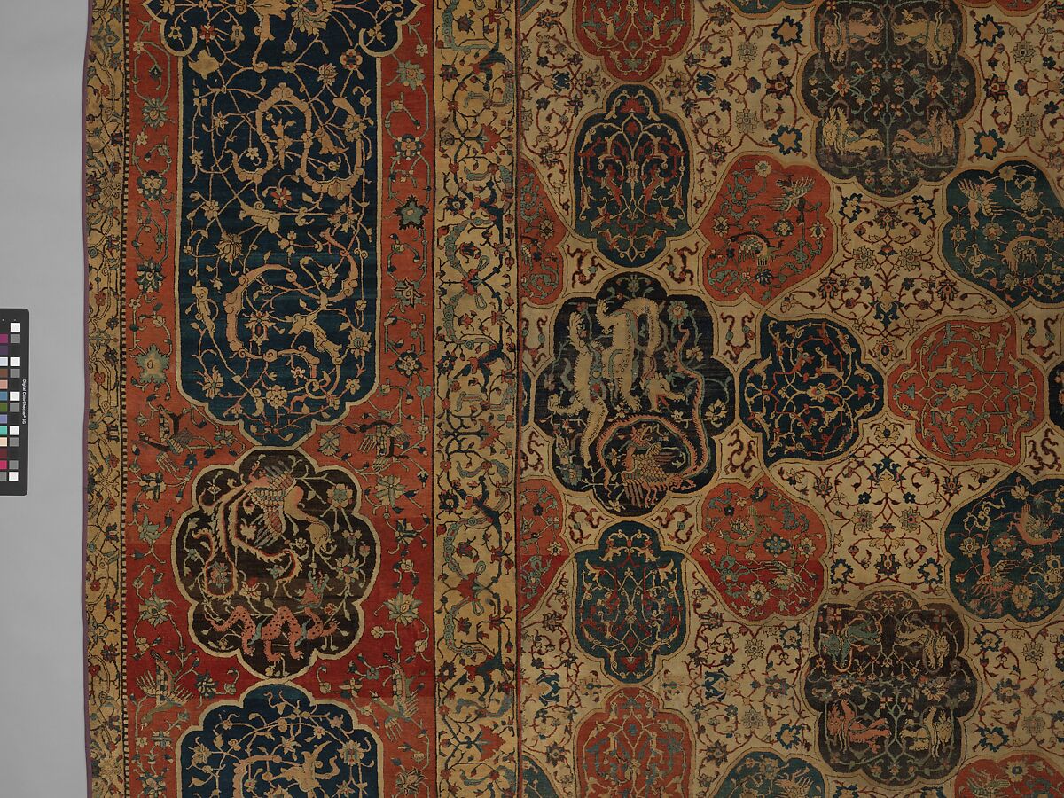 Carpet with a Compartment Design, Silk (warp and weft), wool (pile); asymmetrically knotted pile