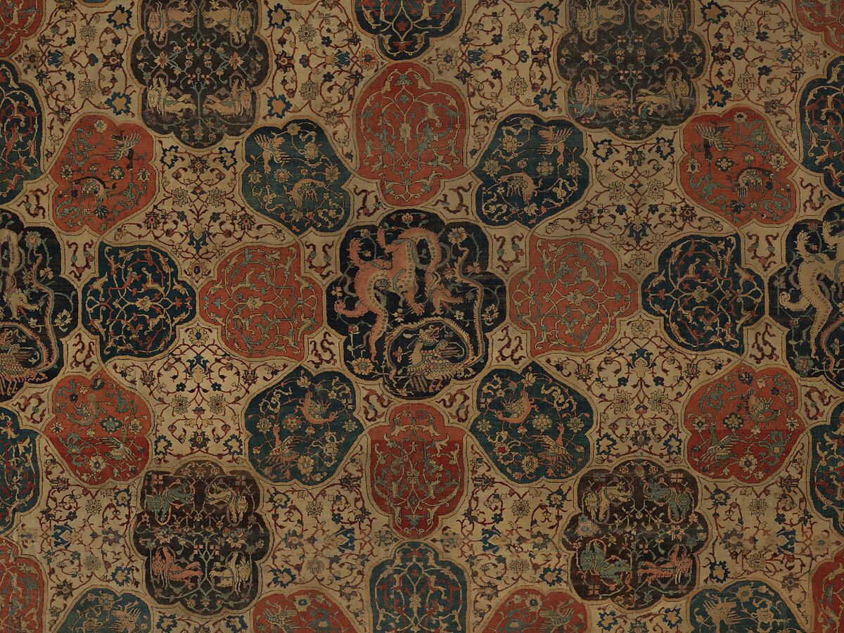 Carpet with a Compartment Design, Silk (warp and weft), wool (pile); asymmetrically knotted pile