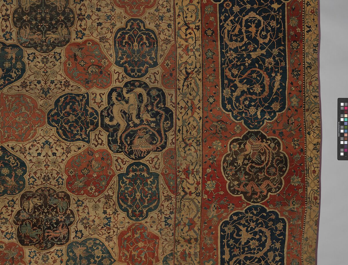 Carpet with a Compartment Design, Silk (warp and weft), wool (pile); asymmetrically knotted pile