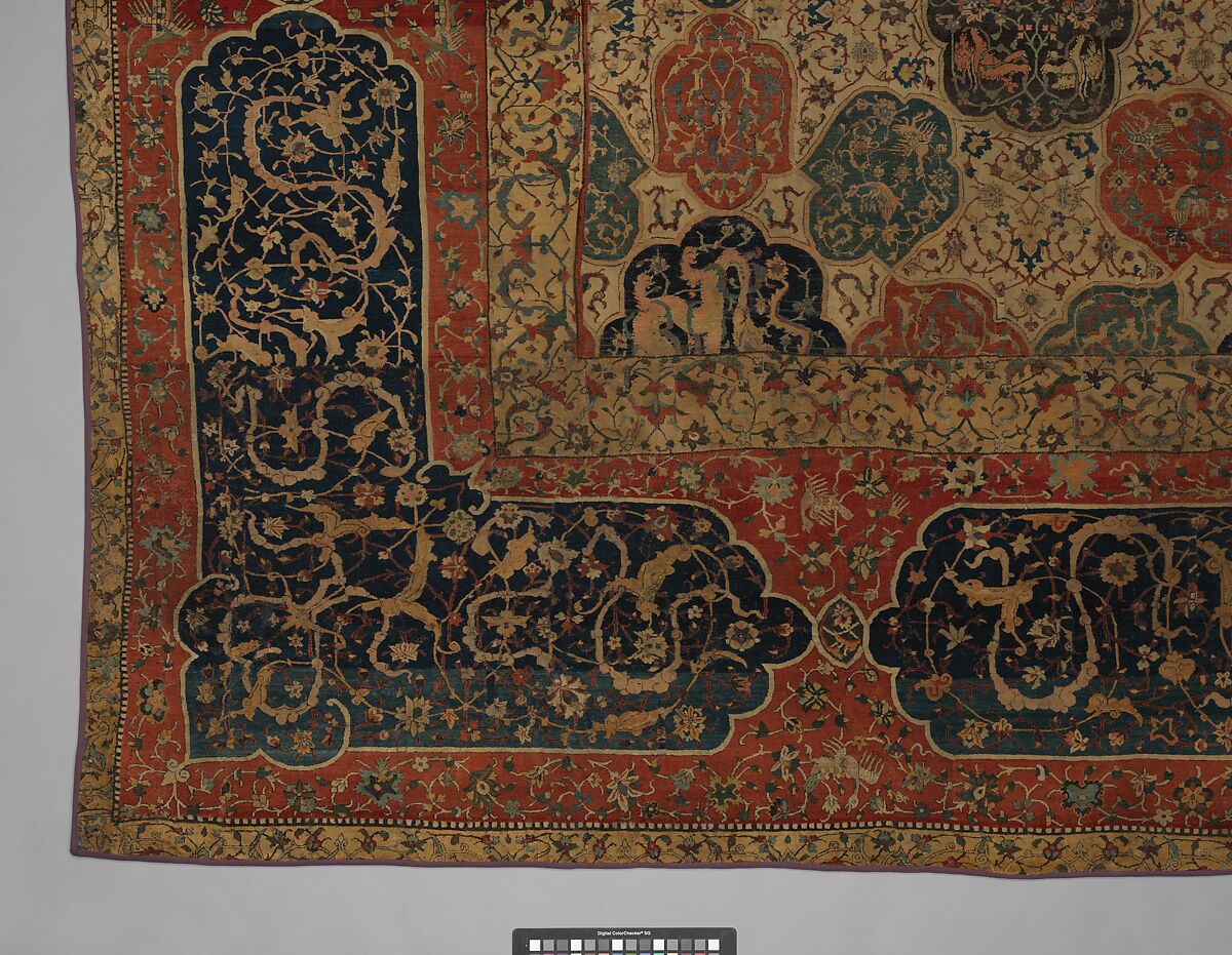 Carpet with a Compartment Design, Silk (warp and weft), wool (pile); asymmetrically knotted pile
