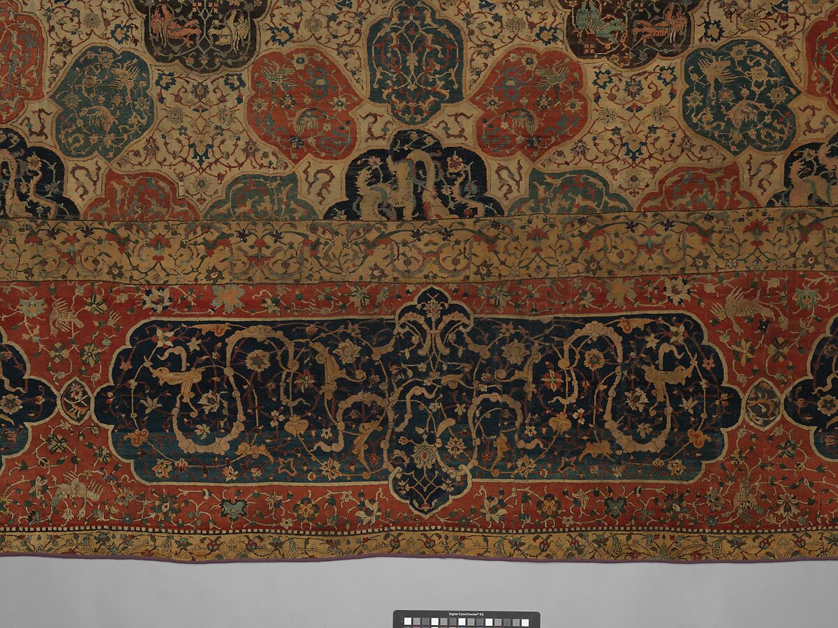 Carpet with a Compartment Design, Silk (warp and weft), wool (pile); asymmetrically knotted pile