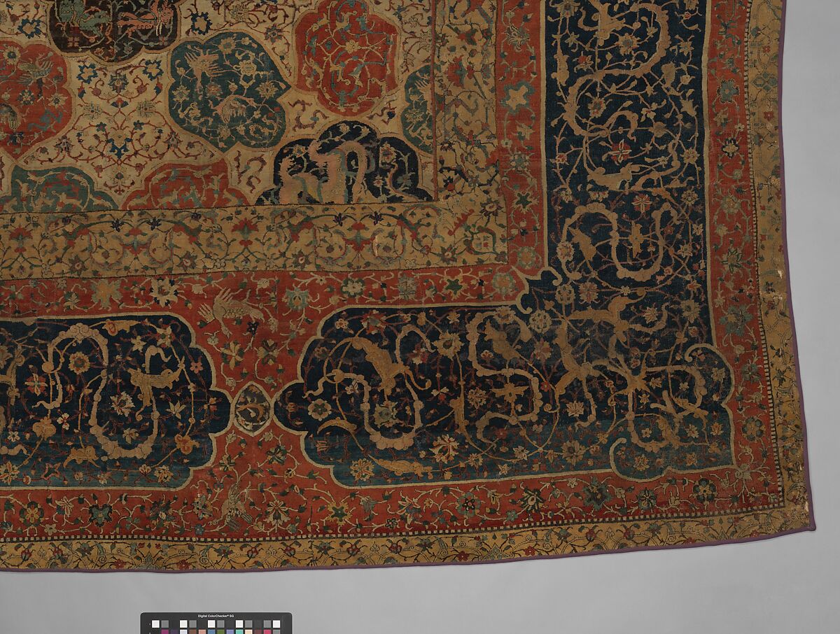 Carpet with a Compartment Design, Silk (warp and weft), wool (pile); asymmetrically knotted pile
