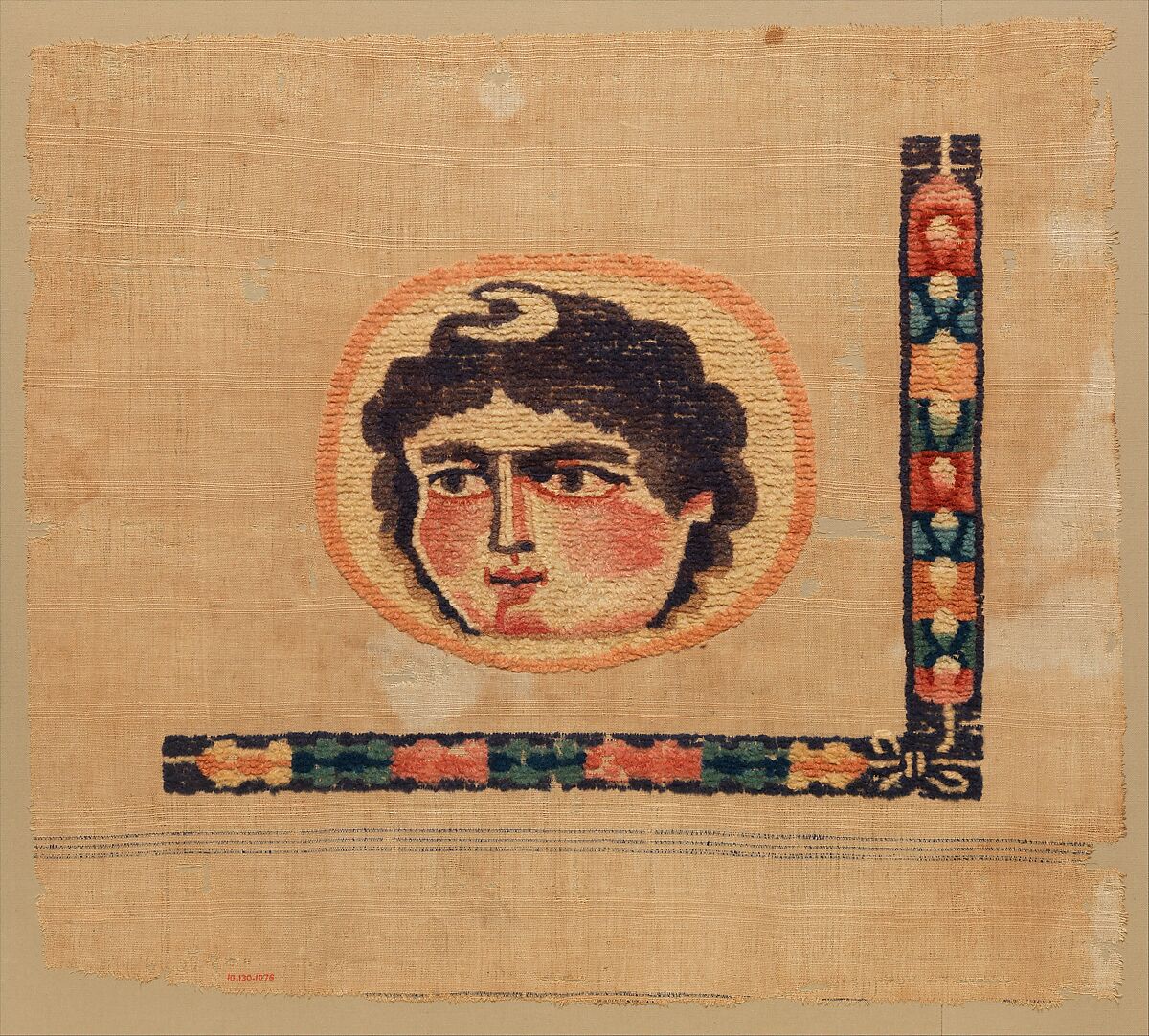 Coptic Textile Fragment with Image of a Goddess, Linen, wool; plain weave, weft-loop pile 