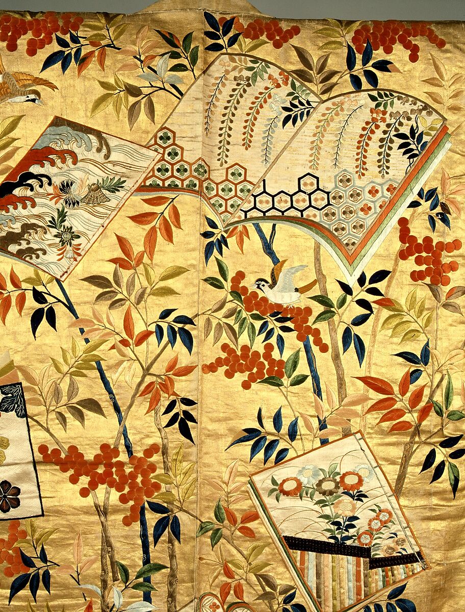 Noh Costume (Nuihaku) with Books and Nandina Branches, Silk embroidery and metallic leaf on silk satin, Japan