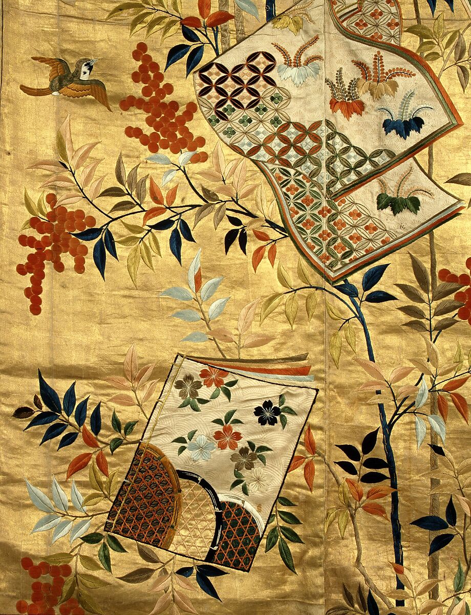 Noh Costume (Nuihaku) with Books and Nandina Branches, Silk embroidery and metallic leaf on silk satin, Japan