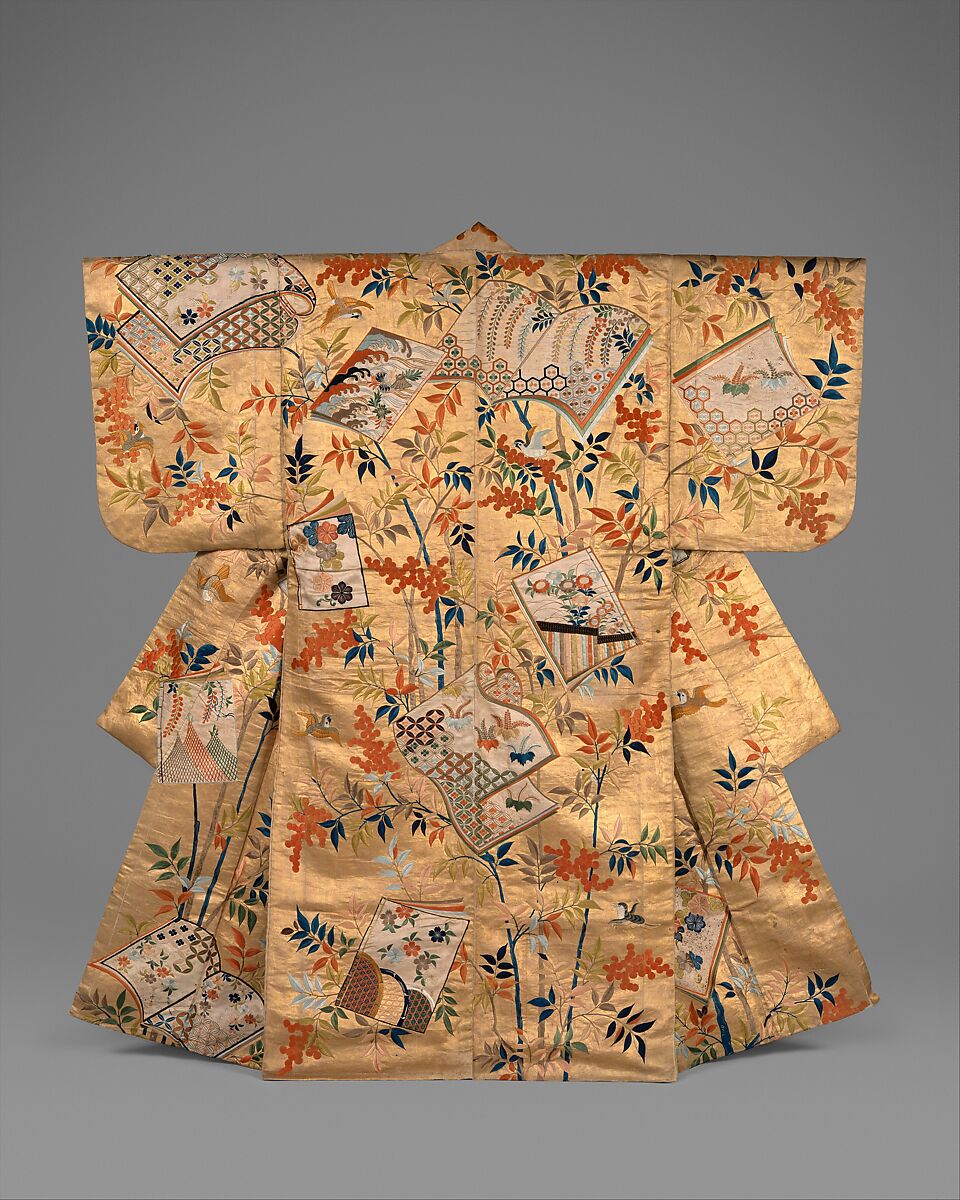 Noh Costume (Nuihaku) with Books and Nandina Branches, Silk embroidery and metallic leaf on silk satin, Japan 