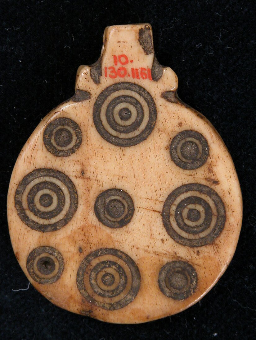 Pendant or Jar-Top, Bone; incised and inlaid with paint